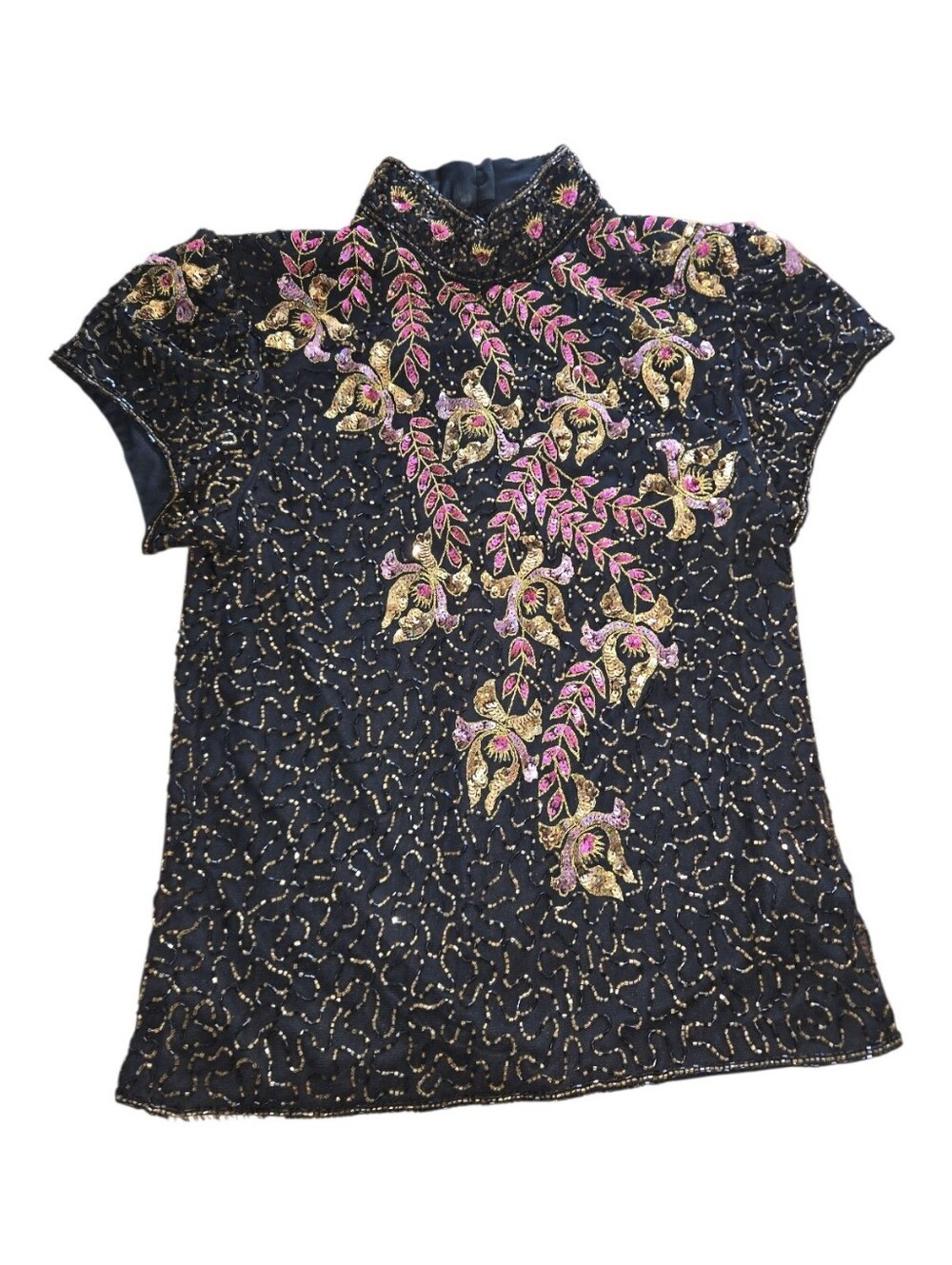 Gorgeous Vintage Women’s High Neck Blouse With Ornate Floral Bead Work Size PL